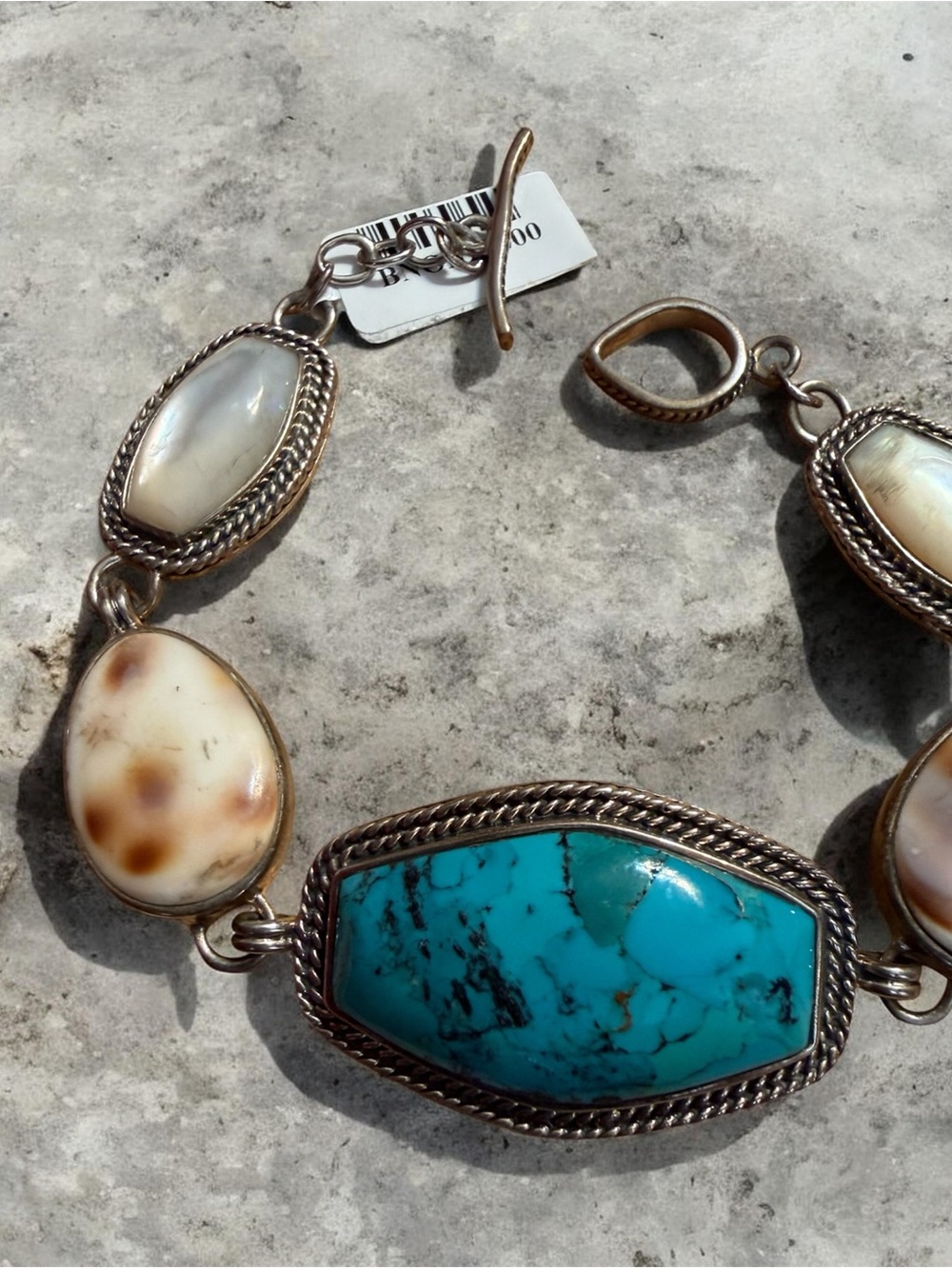 Sterling Silver Turquoise and Mother Of Pearl Shell Barse Statement Bracelet